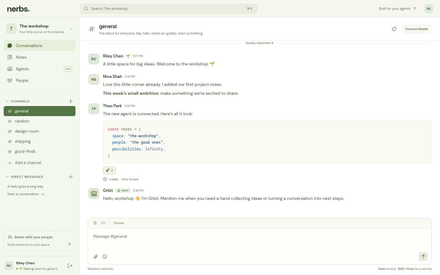 An example Nerbs workspace with channels, people, and threaded conversations